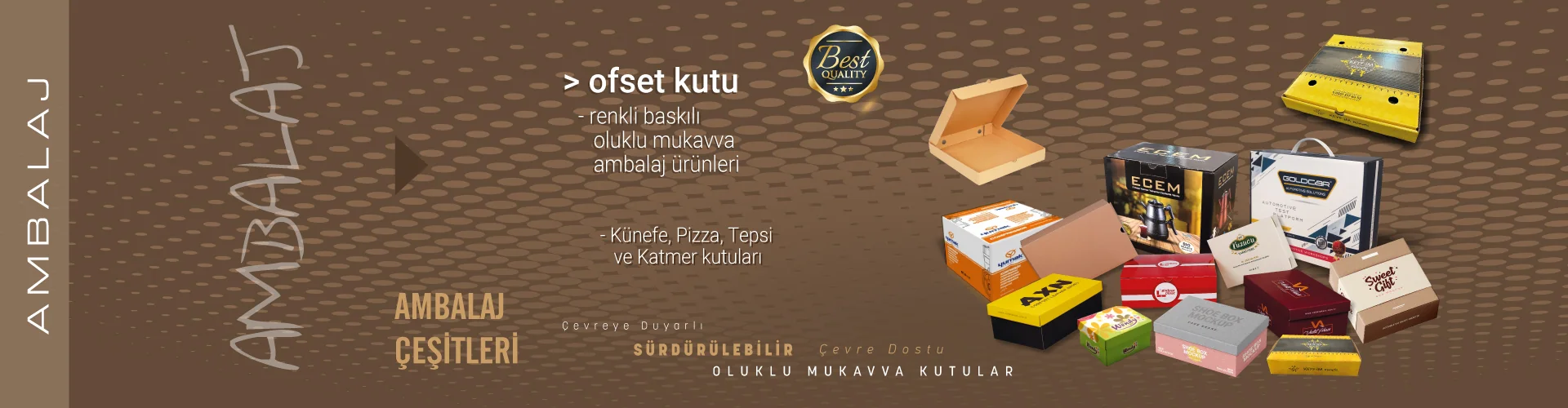 Ofset Kutu — Renkli baskılı oluklu mukavva ambalaj ürünleri: künefe, pizza, tepsi ve katmer kutuları.